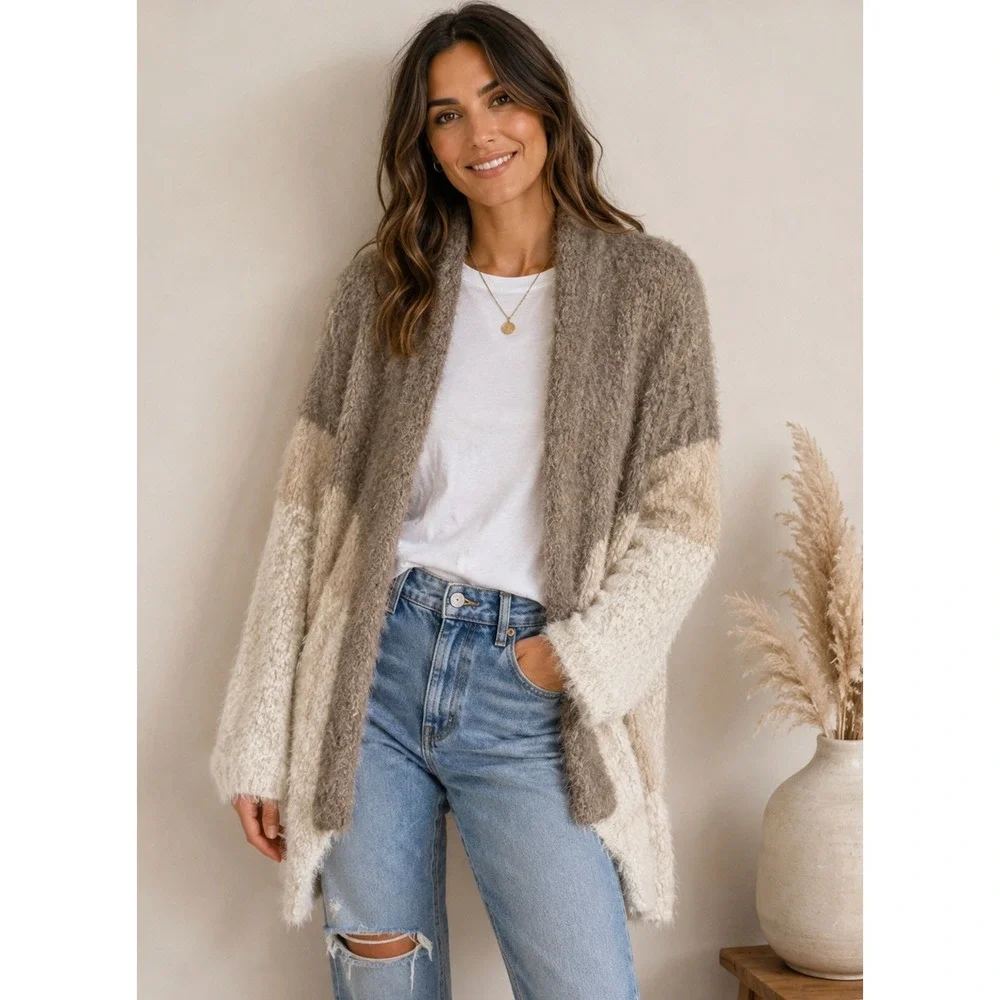 Joan Vass Fuzzy Eyelash Knit Ombre Cardigan Womens Small Open Front